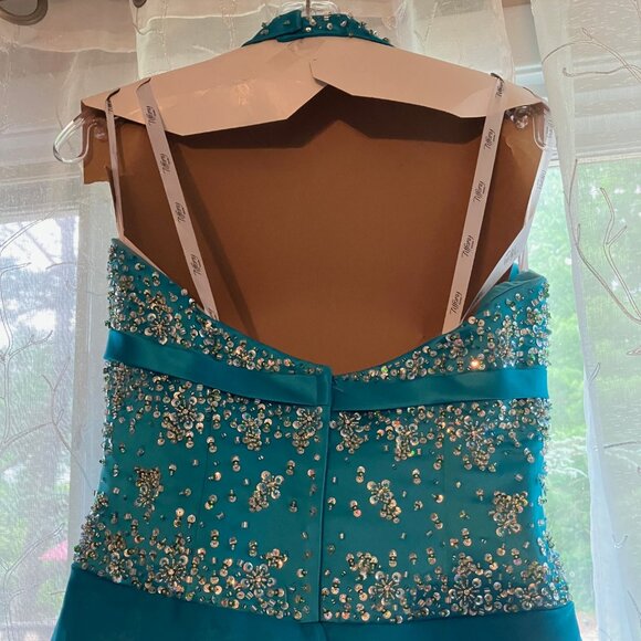 TIFFANY DESIGNS by CHRISTINA WU STUNNING HALTER BEADED TURQUOISE GOWN DRESS - Picture 9 of 11